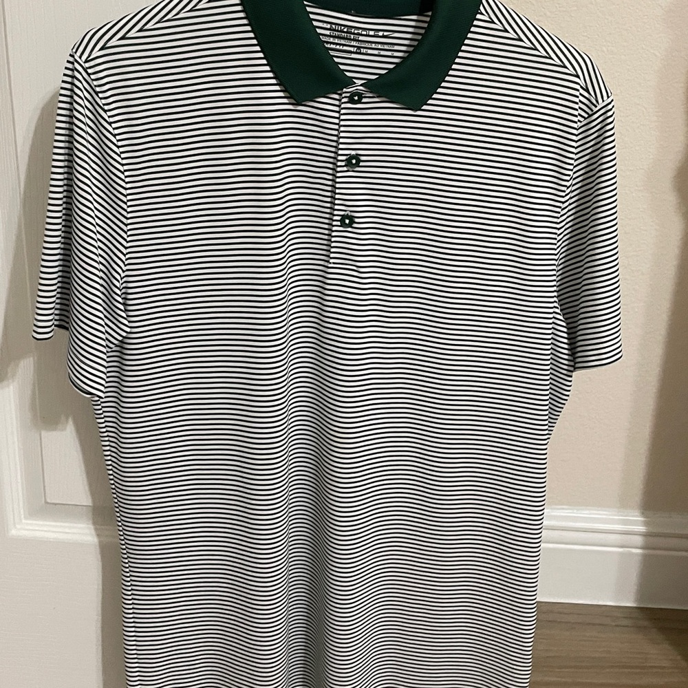 Nike Black and White Striped Polo with Green Collar